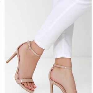Lulus’s LOVELINESS NUDE PATENT ANKLE STRAP HEELS